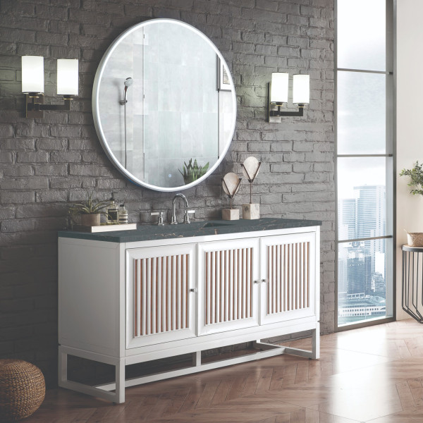 James Martin E645-V60S-GW-3PBL 60" Vanity Glossy White w/ 3 CM Parisien Bleu Top