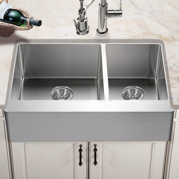 Houzer END-3360SR Epicure Series Apron Front 60/40 Double Bowl Kitchen Sink