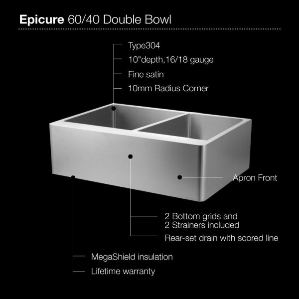 Houzer END-3360SR Epicure Series Apron Front 60/40 Double Bowl Kitchen Sink