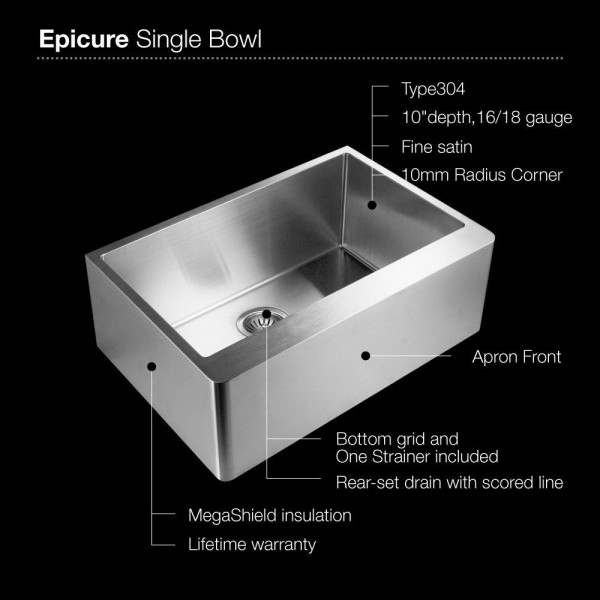 Houzer ENS-3020 Epicure Series Apron Front Single Bowl Kitchen Sink