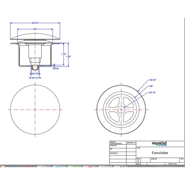 Aquatica Euroclicker Brass Tub Drain With Integrated Overflow Holes