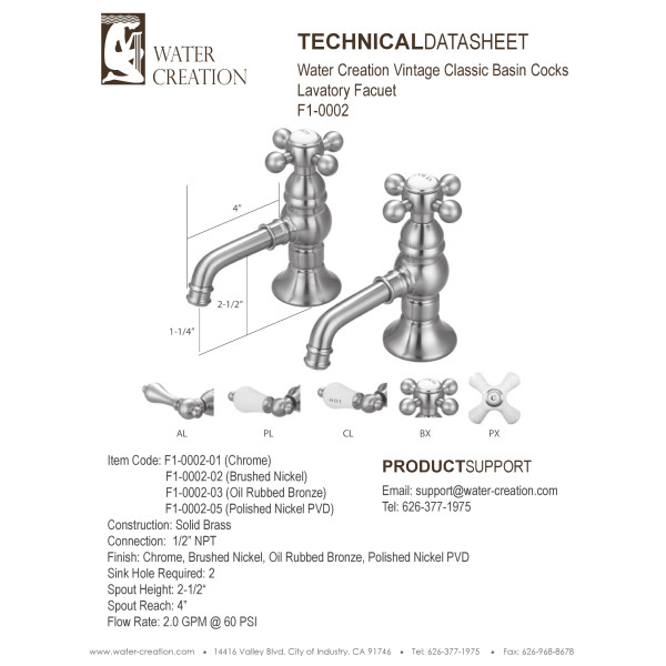 Water Creation F1-0002-..-PL Widespread Porcelain Lever Handle Bath Faucet