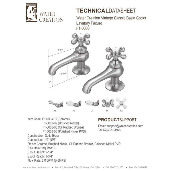 Water Creation F1-0003-..-PL Brass Porcelain Lever Two Handle Bath Faucet