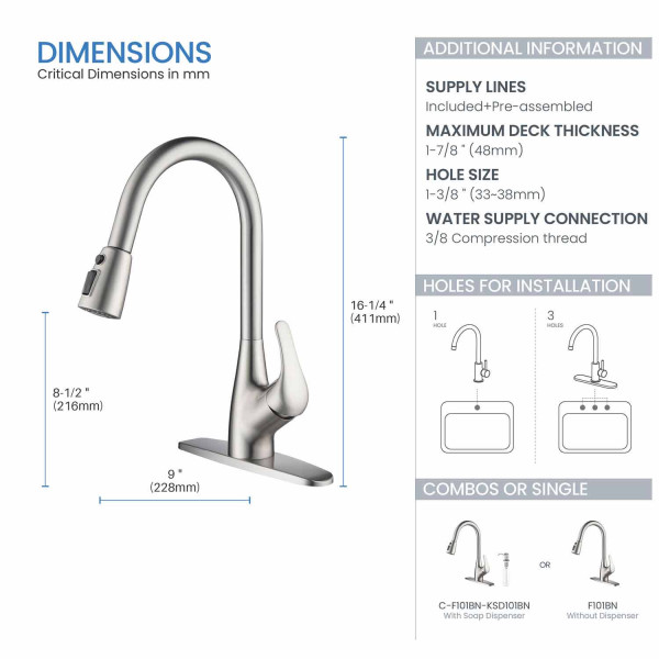 KIBI F101BN Single Handle Pull Down Kitchen Faucet