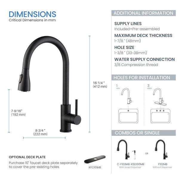 KIBI F102MB-D Single Handle Pull Down Kitchen Faucet with Deck Plate