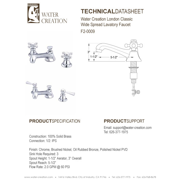 Water Creation F2-0009-..-ML Lever Two Handles Faucet with Pop-Up Drain 