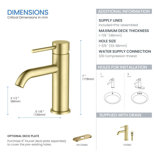 KIBI F201BG Single Handle Bathroom Sink Faucet with Pop Up Drain