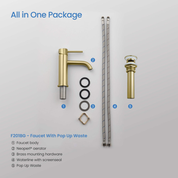 KIBI F201BG Single Handle Bathroom Sink Faucet with Pop Up Drain