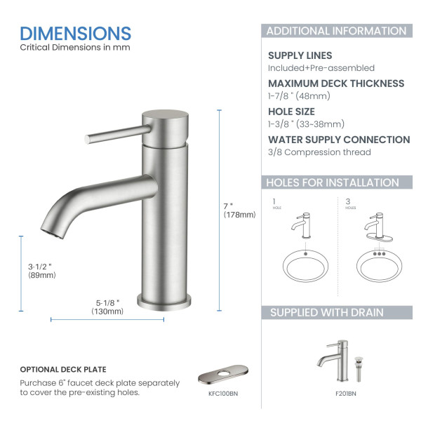 KIBI F201BN Single Handle Bathroom Sink Faucet with Pop Up Drain