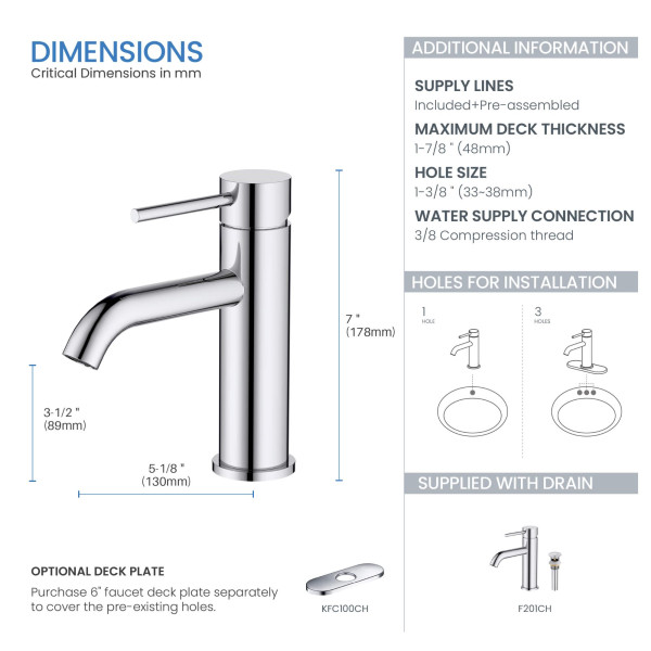 KIBI F201CH Single Handle Bathroom Sink Faucet with Pop Up Drain