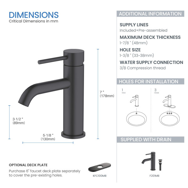 KIBI F201MB Single Handle Bathroom Sink Faucet with Pop Up Drain