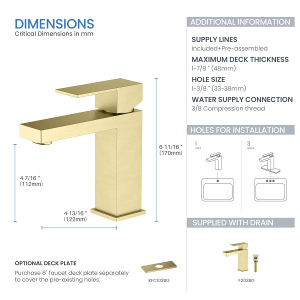 KIBI F202BG Single Handle Bathroom Sink Faucet with Pop Up Drain