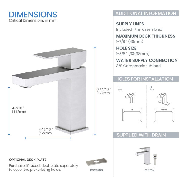 KIBI F202BN Single Handle Bathroom Sink Faucet with Pop Up Drain