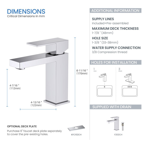 KIBI F202CH Single Handle Bathroom Sink Faucet with Pop Up Drain
