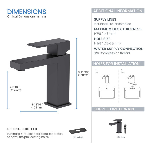 KIBI F202MB Single Handle Bathroom Sink Faucet with Pop Up Drain