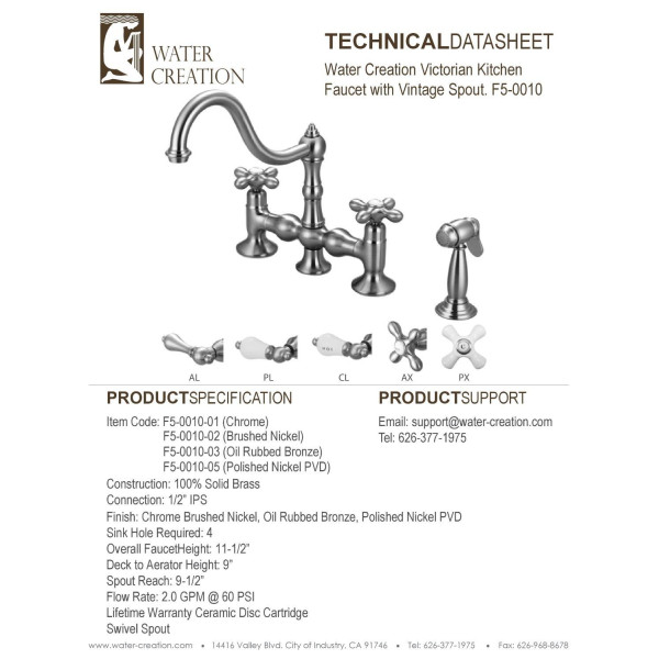 Water Creation F5-0010-..-AL Centerset Two Handle Side Spray Kitchen Faucet