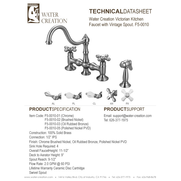 Water Creation F5-0010-..-AX Bridge Style Kitchen Faucet with Side Spray