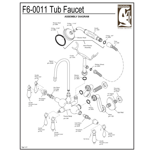 Water Creation F6-0011-..-PL Tub Faucet Goose neck Spout With Handshower
