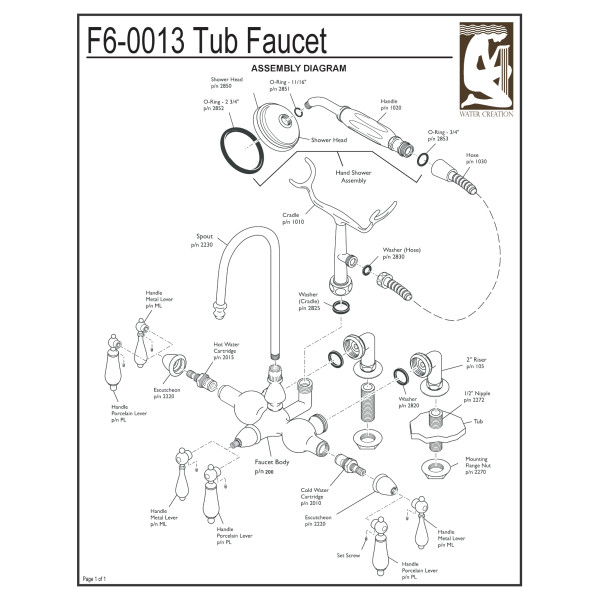 Water Creation F6-0013-..-PL Tub Faucet with Handheld and Porcelain Lever 