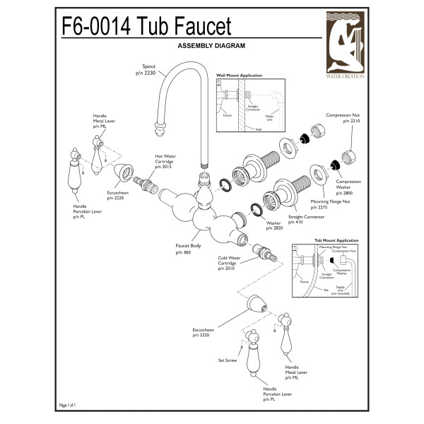 Water Creation F6-0014-..-PL 2-Handle Wall Mount Gooseneck Bath Tub Faucet