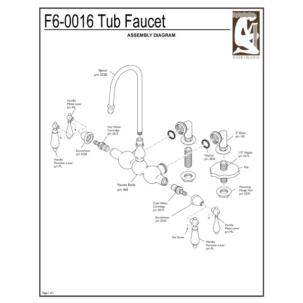 Water Creation F6-0016-..-PL Bath Tub Faucet with Porcelain Lever Handles