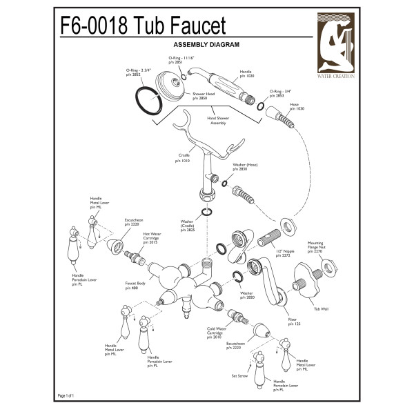 Water Creation F6-0018-..-PL Adjustable Center Tub Faucet With Down Spout