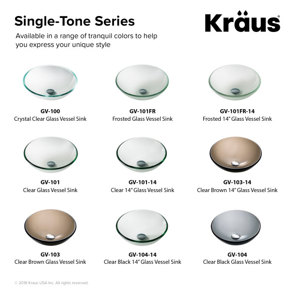 Kraus GV-101-14 14" Top Mount Tempered Glass Sink W/ Pop-Up Drain & Mountin