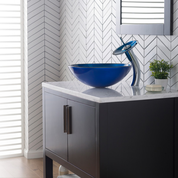 Kraus GV-204 Irruption Blue Tempered Glass Vessel Sink with PU-MR Chrome