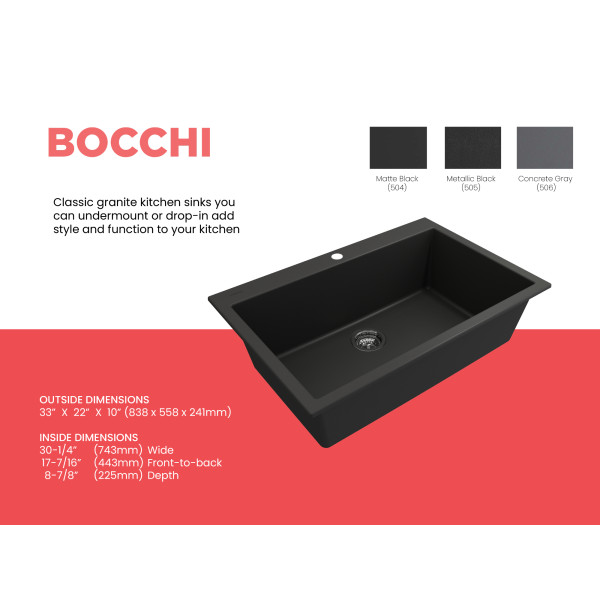 BOCCHI 1604-50-0126 Granite 33" Single Bowl Kitchen Sink with Strainer