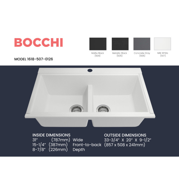 BOCCHI 1618-50x-0126 Baveno Lux Undermount 33 Granite Composite Kitchen Sink
