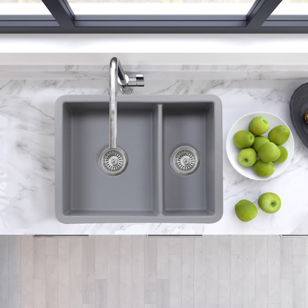 Nantucket Sinks ISFC24x18GR-DB2 Fireclay Matte Grey Double Bowl Dualmount Sink