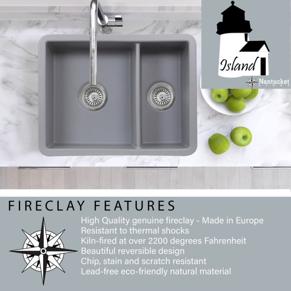 Nantucket Sinks ISFC24x18GR-DB2 Fireclay Matte Grey Double Bowl Dualmount Sink