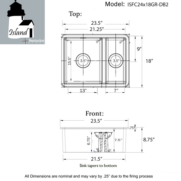Nantucket Sinks ISFC24x18GR-DB2 Fireclay Matte Grey Double Bowl Dualmount Sink