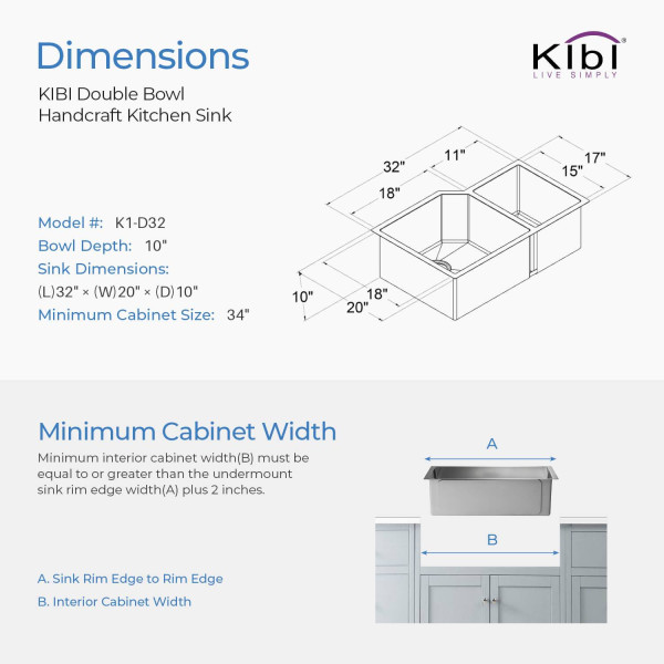 KIBI K1-D32 Handcrafted Undermount Double Bowl Stainless Steel Kitchen Sink