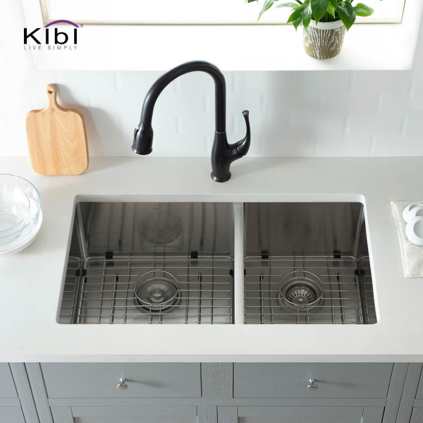 KIBI K1-D33-BS Handcrafted Undermount Double Bowl Stainless Steel Kitchen Sink