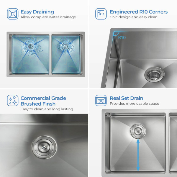 KIBI K1-D33-BS Handcrafted Undermount Double Bowl Stainless Steel Kitchen Sink