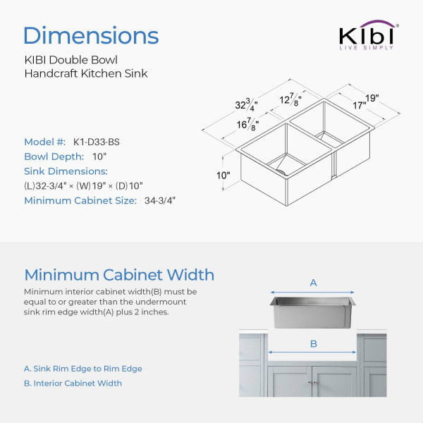 KIBI K1-D33-BS Handcrafted Undermount Double Bowl Stainless Steel Kitchen Sink