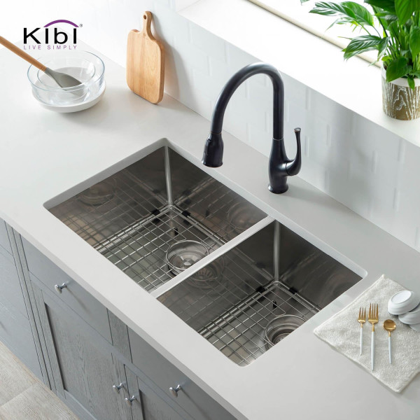 KIBI K1-D33-BS Handcrafted Undermount Double Bowl Stainless Steel Kitchen Sink