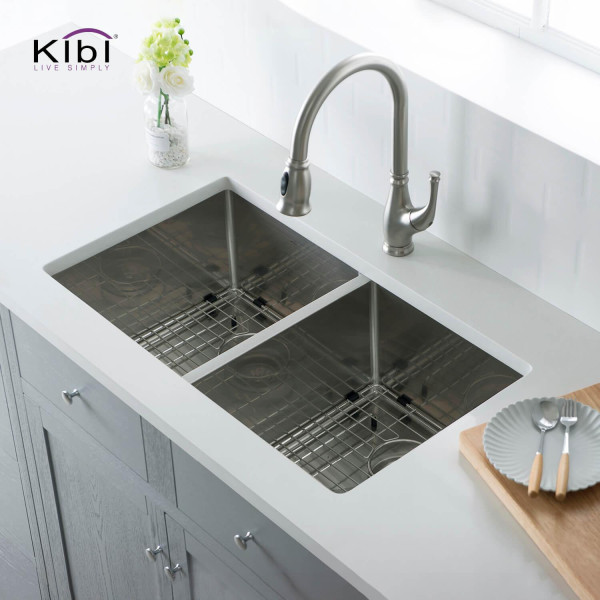 KIBI K1-D33-EQ Handcrafted Undermount Double Bowl Stainless Steel Kitchen Sink