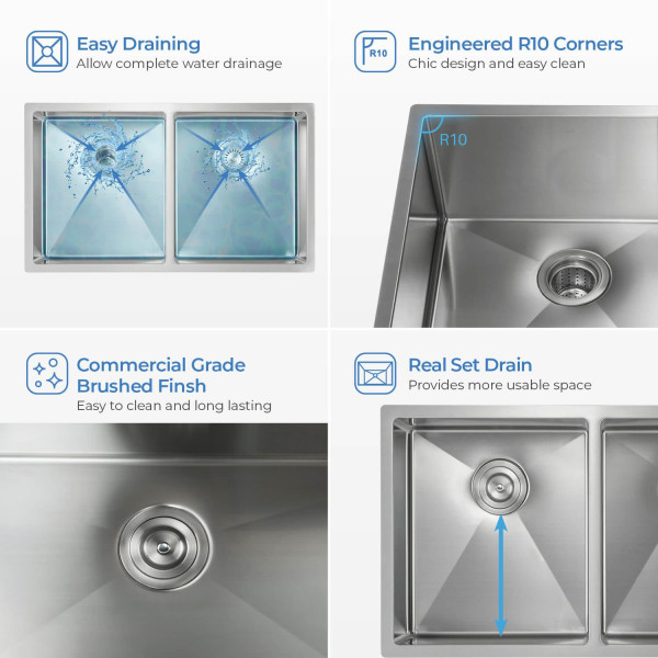 KIBI K1-D33-EQ Handcrafted Undermount Double Bowl Stainless Steel Kitchen Sink