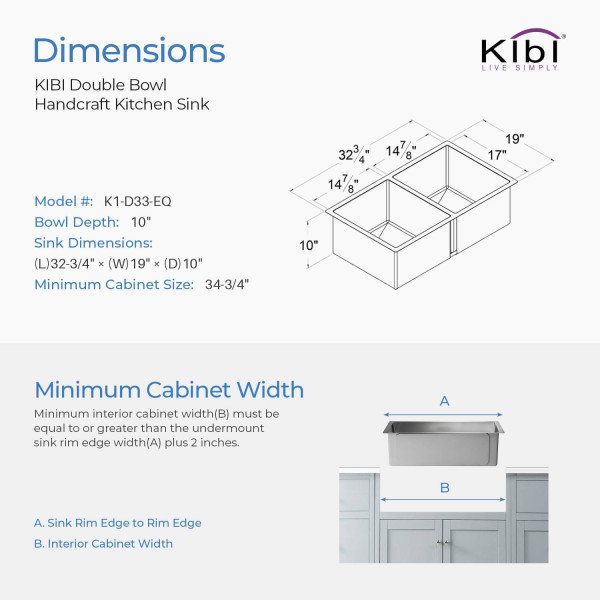 KIBI K1-D33-EQ Handcrafted Undermount Double Bowl Stainless Steel Kitchen Sink