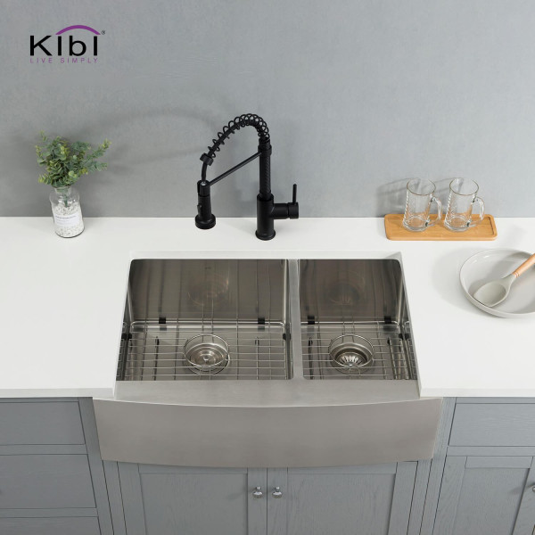 KIBI K1-DF33 33″ Handcrafted Farmhouse Double Bowl Stainless Steel Kitchen Sink