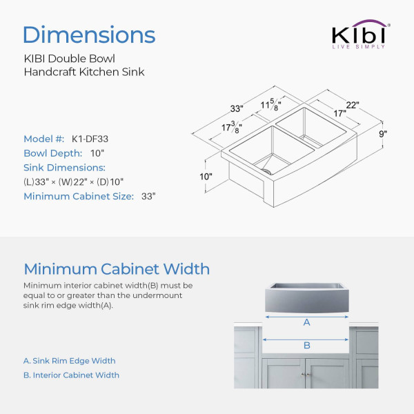 KIBI K1-DF33 33″ Handcrafted Farmhouse Double Bowl Stainless Steel Kitchen Sink