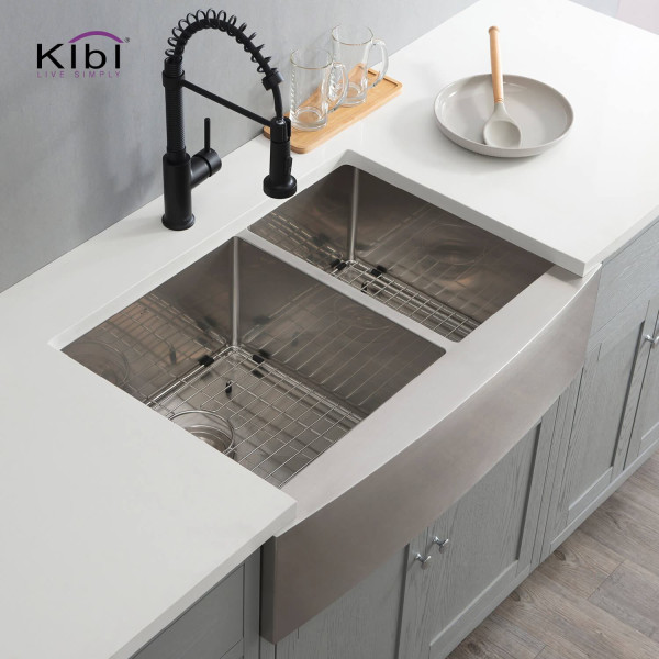 KIBI K1-DF33 33″ Handcrafted Farmhouse Double Bowl Stainless Steel Kitchen Sink