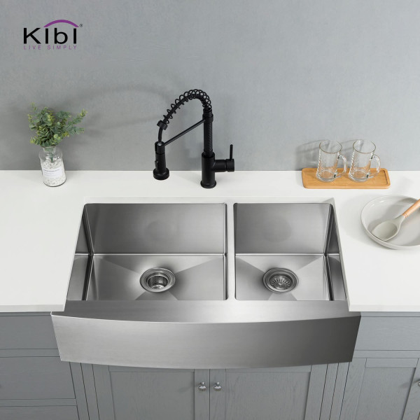 KIBI K1-DF36 36″ Handcrafted Farmhouse Double Bowl Stainless Steel Kitchen Sink