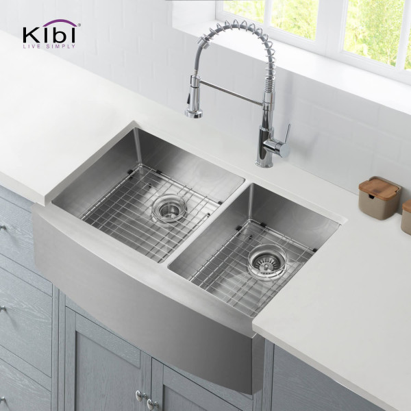 KIBI K1-DF36 36″ Handcrafted Farmhouse Double Bowl Stainless Steel Kitchen Sink
