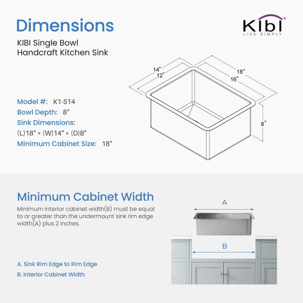 KIBI K1-S14 14″ Handcrafted Undermount Single Bowl Stainless Steel Kitchen Sink