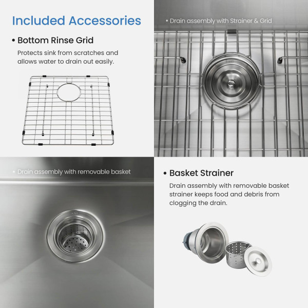KIBI K1-S16 16″ Handcrafted Undermount Single Bowl Stainless Steel Kitchen Sink