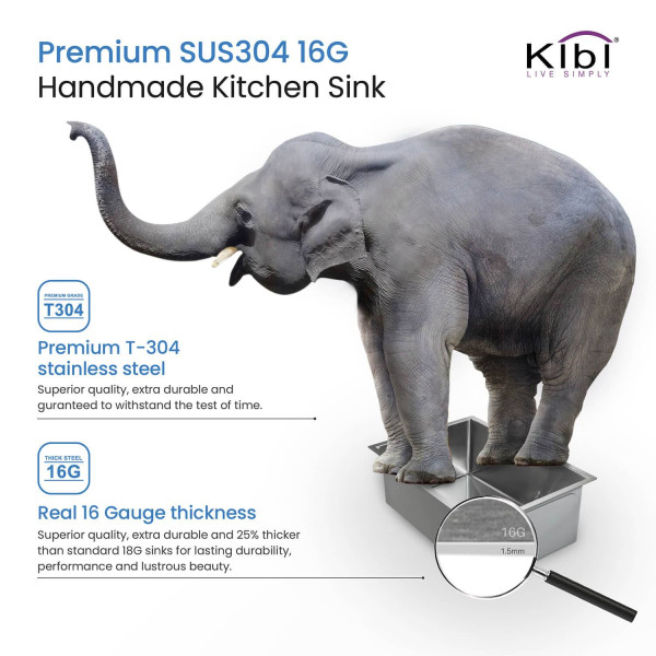 KIBI K1-S16 16″ Handcrafted Undermount Single Bowl Stainless Steel Kitchen Sink