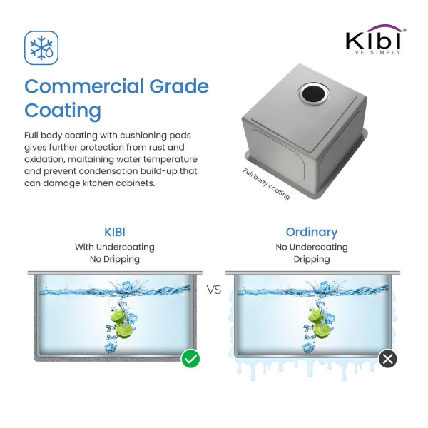 KIBI K1-S16 16″ Handcrafted Undermount Single Bowl Stainless Steel Kitchen Sink